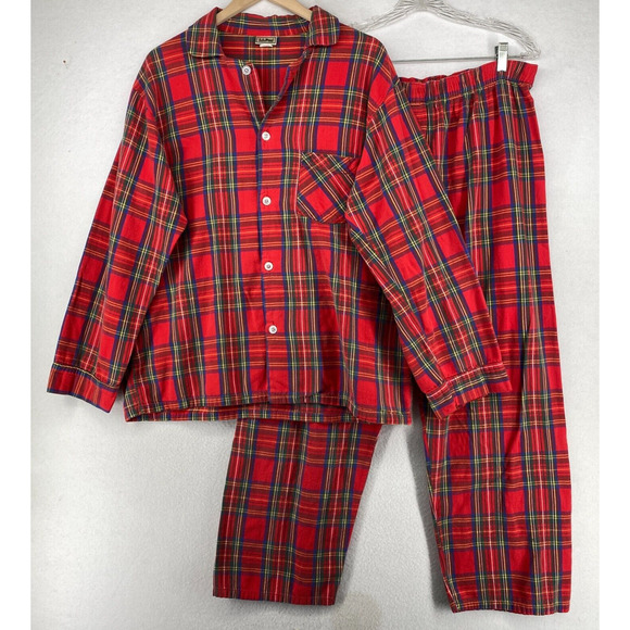 LL BEAN Pajama Set Mens XL Tartan Plaid Button Down Shirt Pants Cotton Red Vtg - Picture 1 of 16